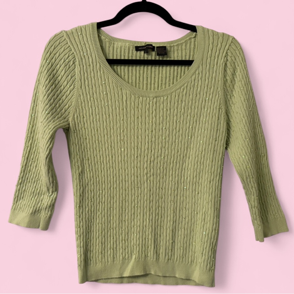 Y2K Jeanne Pierre Beaded Sequin Green Ribbed Sweater Scoop Neck 3/4 Sleeve L